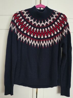 J. Crew Navy Sweater with Red & White Fair Isle Mock Collar Womens Size Large